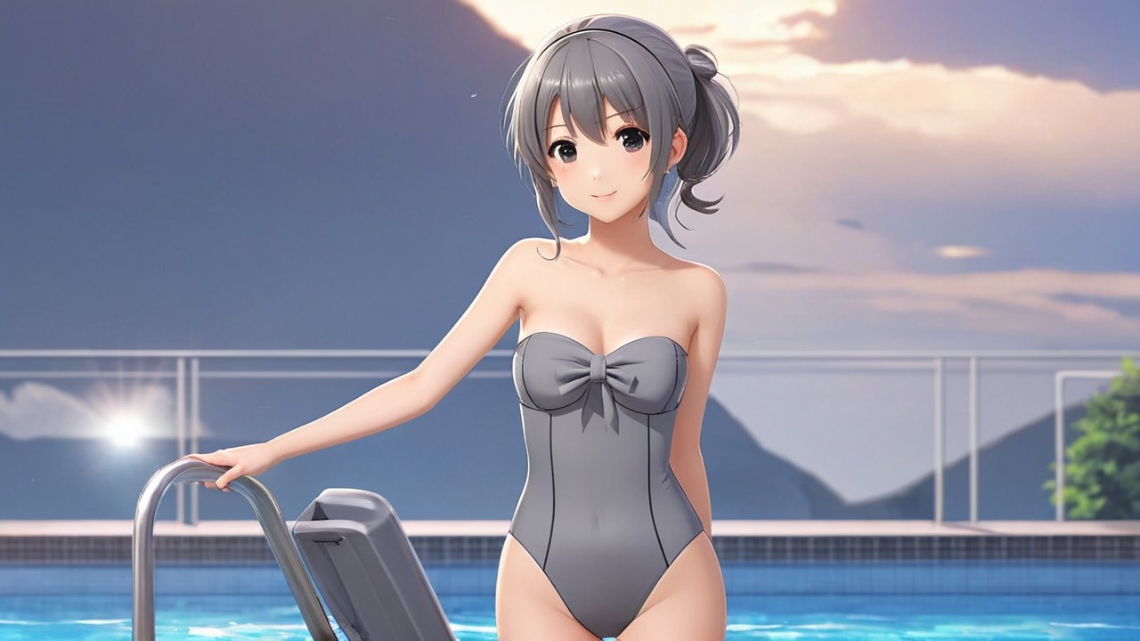 Young girl in grey swimsuit by serene poolside at sunset