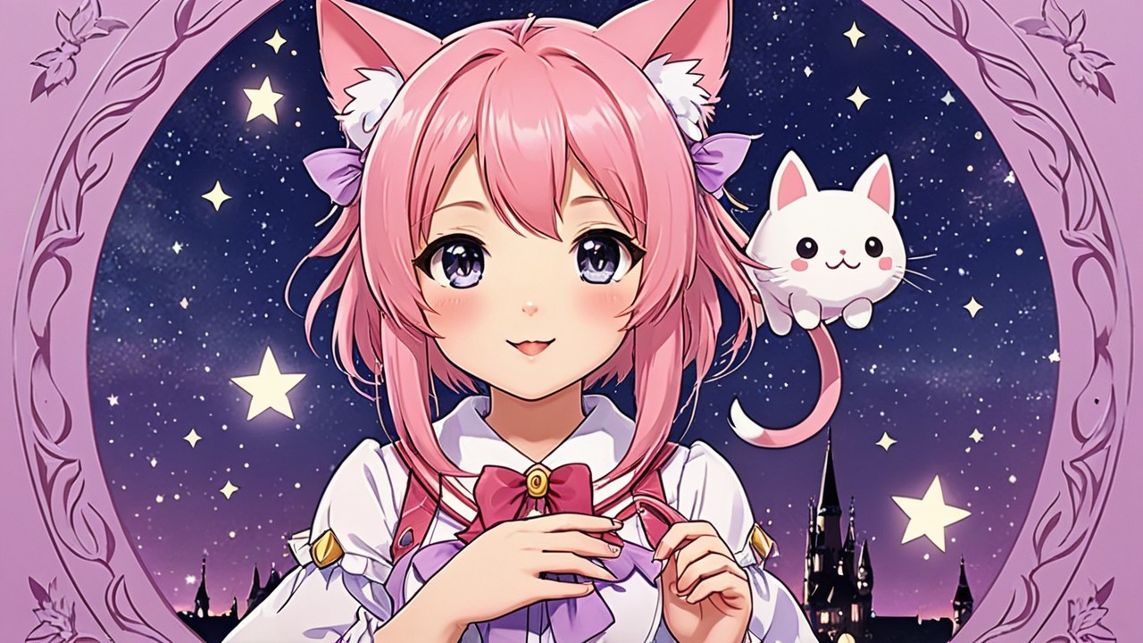 Cheerful anime girl with pink hair and cat ears