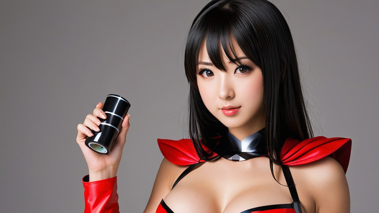 Woman in Red and Black Outfit with Sleek Device