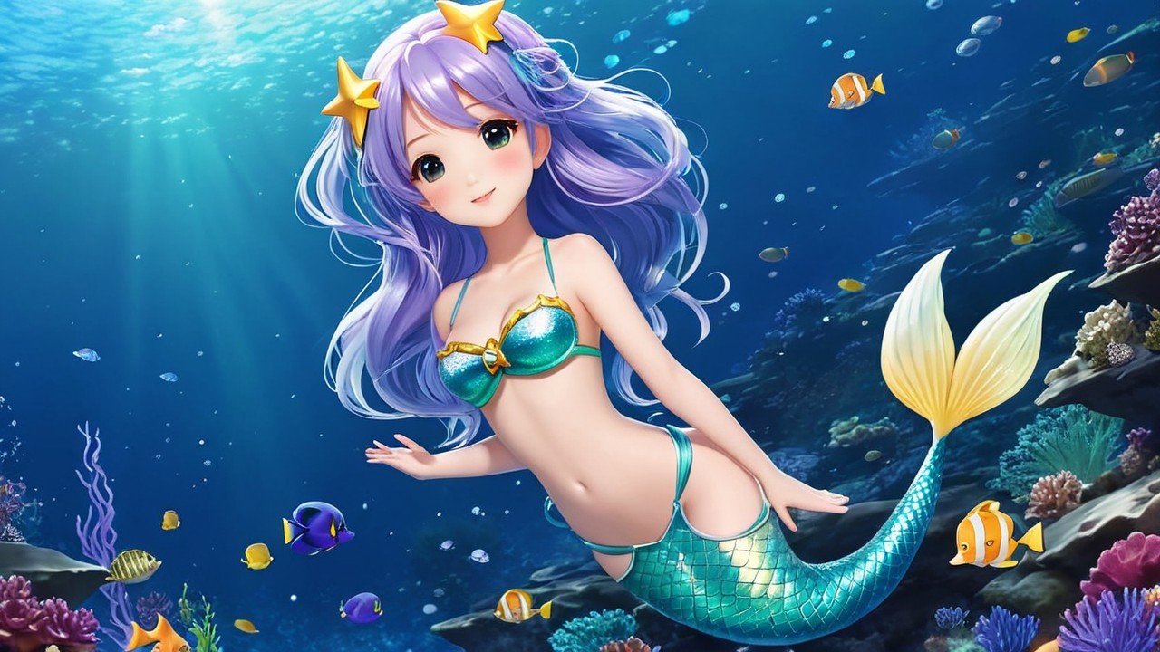 Mermaid with Lavender Hair in Vibrant Underwater Scene