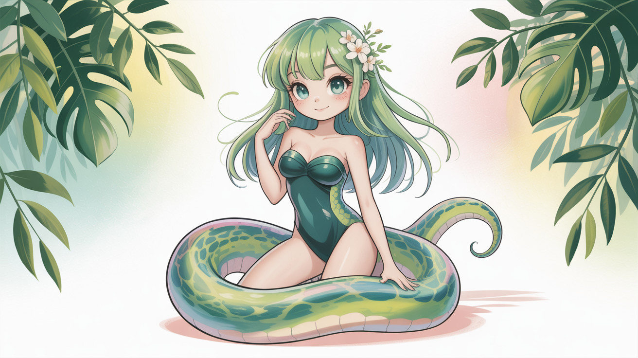 Cute lamia girl illustration with tropical background
