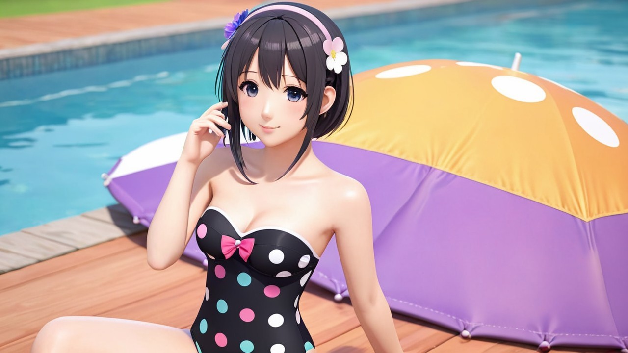 Young woman in polka dot swimsuit by a poolside