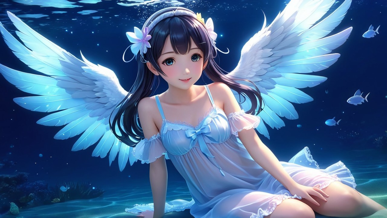 Young woman with angelic wings underwater in blue dress