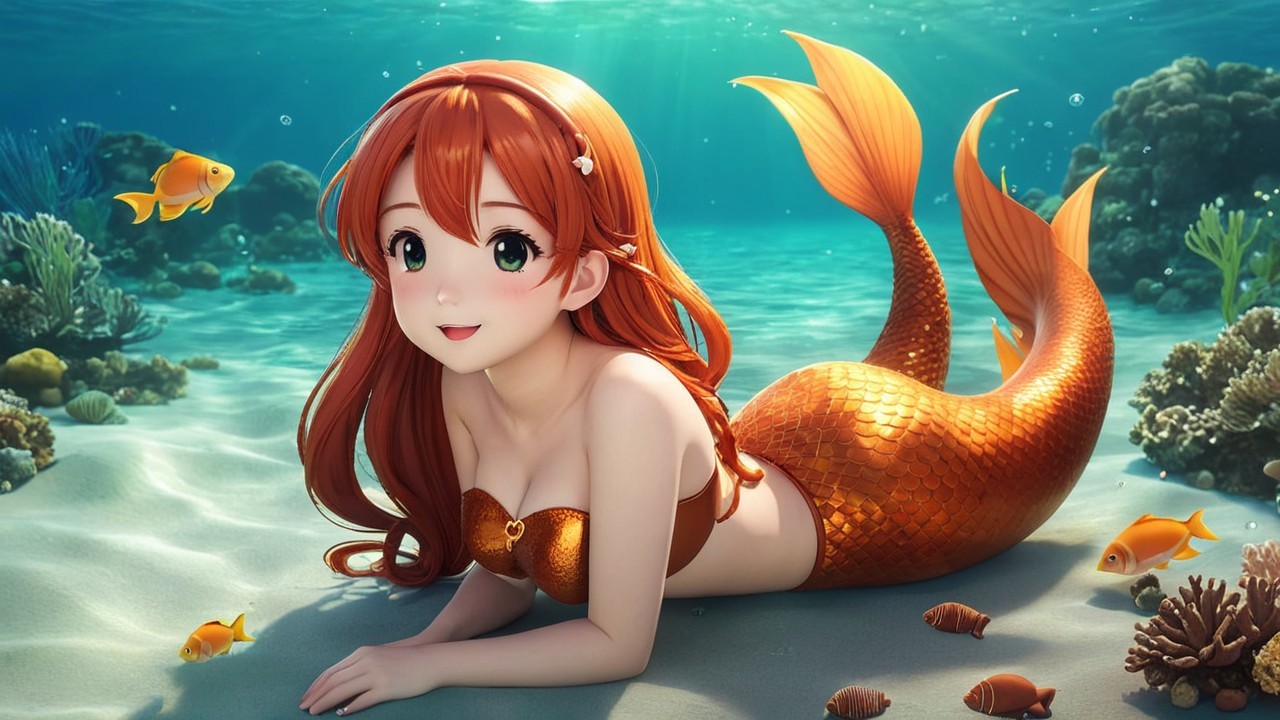 Whimsical Underwater Scene with a Cheerful Mermaid