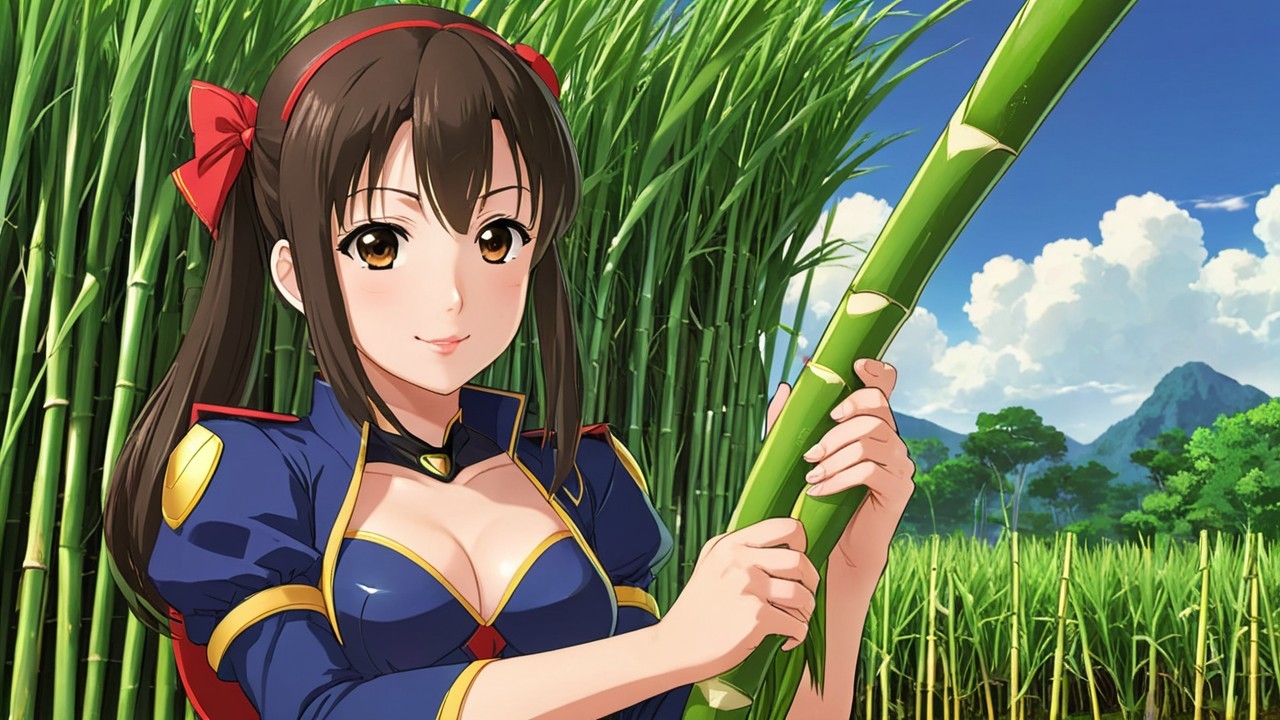 Young woman in sugarcane field with vibrant backdrop
