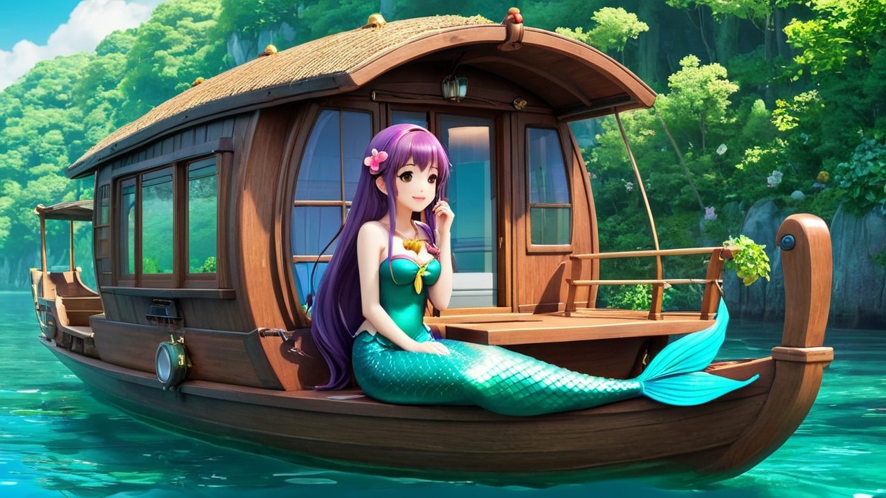 Mermaid with Purple Hair on a Wooden Boat Scene