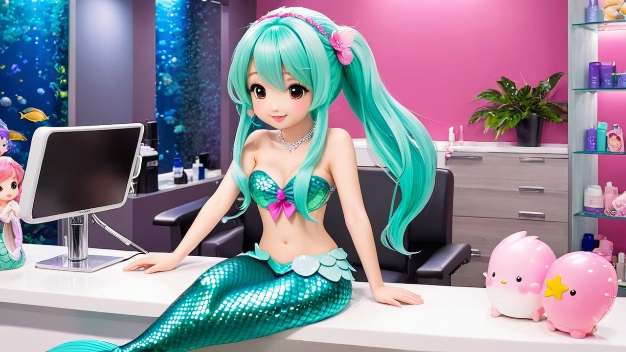 Whimsical Mermaid at a Colorful Reception Desk