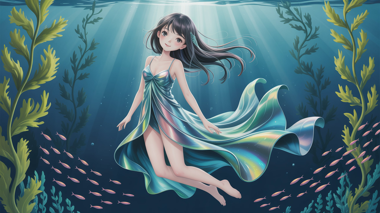 Anime woman swimming underwater in an iridescent gown