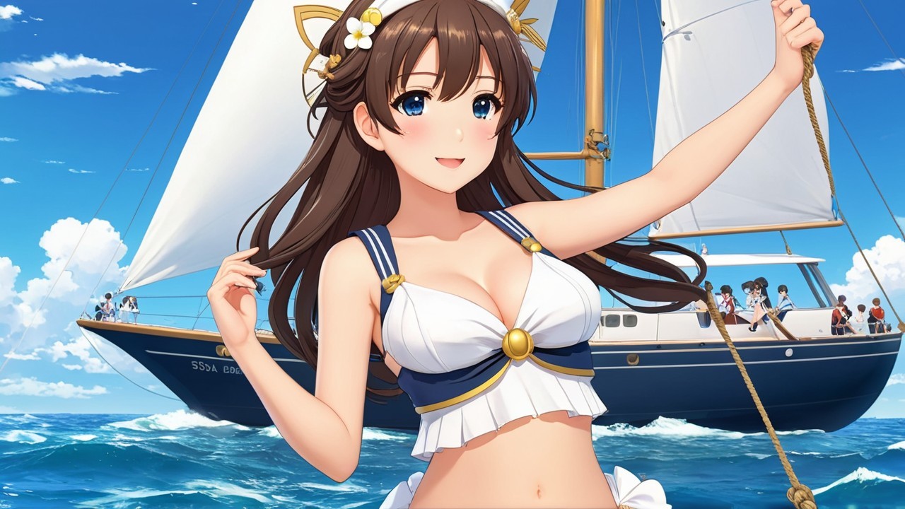 Cheerful young woman on a boat with ocean backdrop