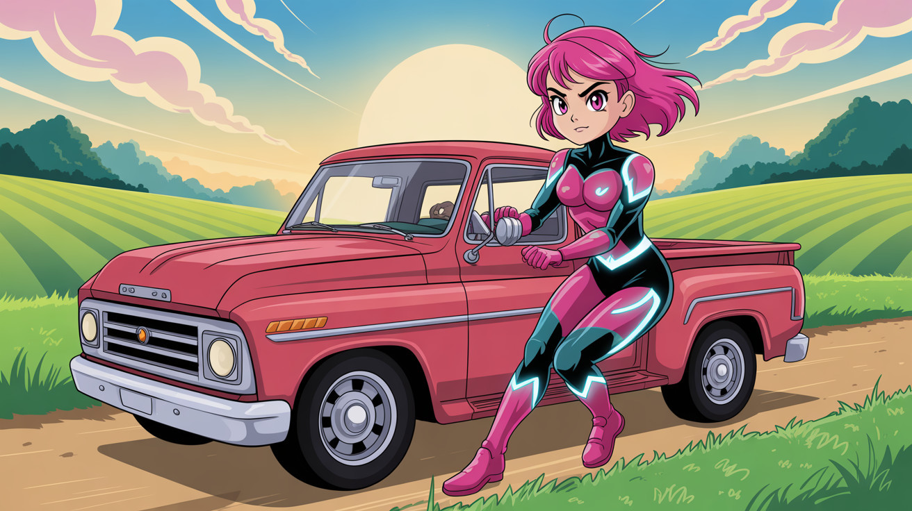 Futuristic Woman in Pink Suit by Vintage Pickup Truck