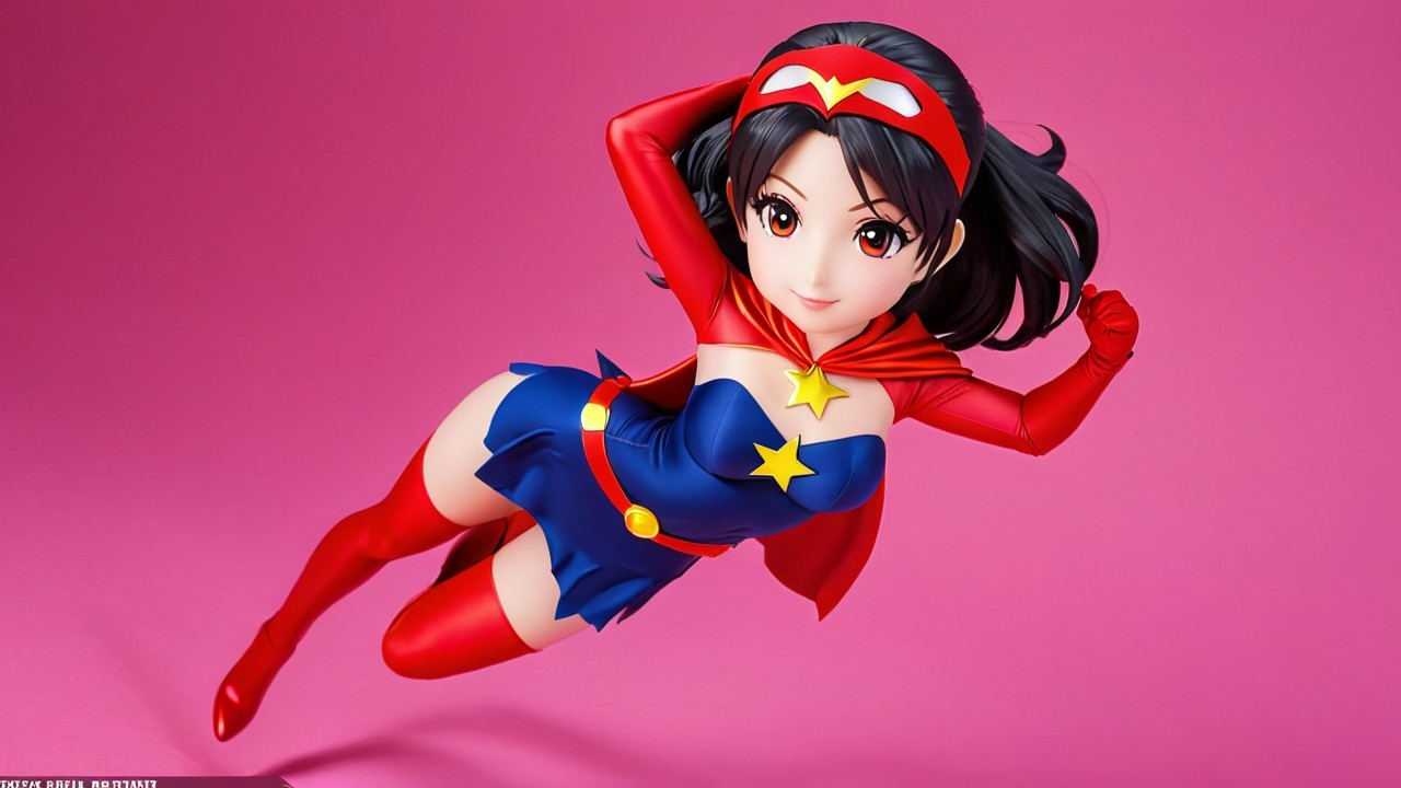 Young superheroine in blue and red costume mid-air