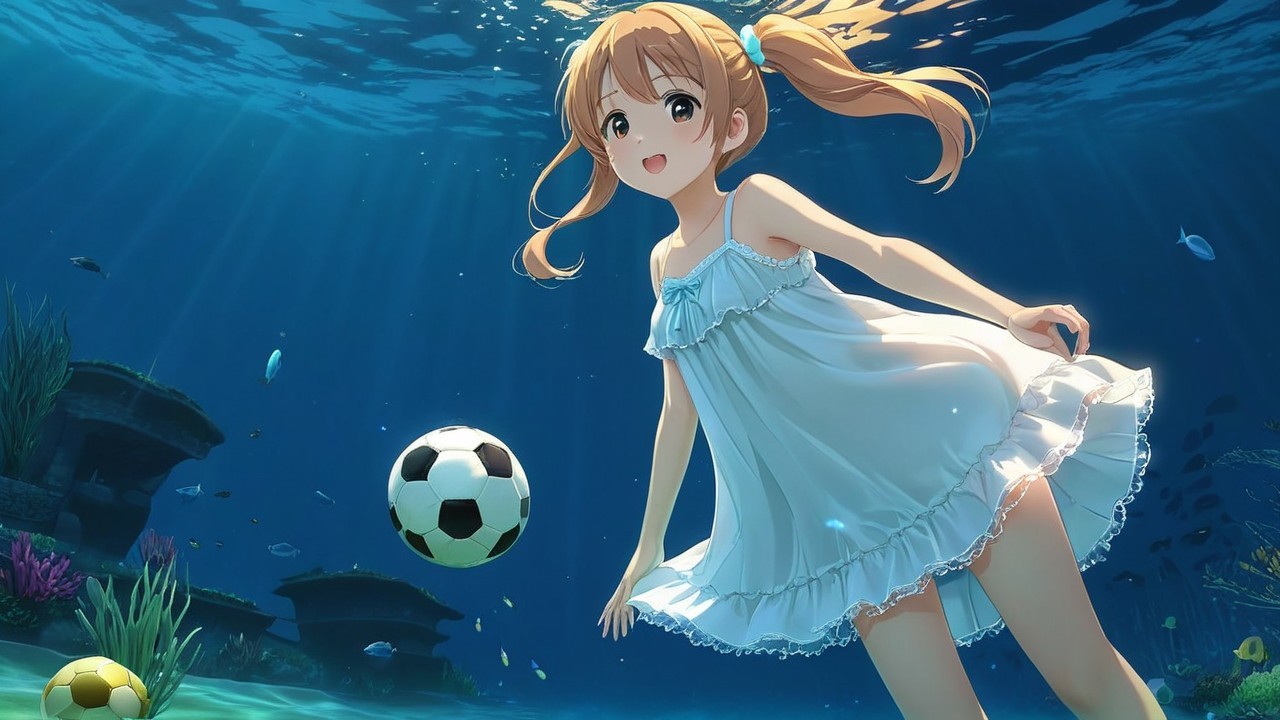 Young girl in white dress playing underwater with fish