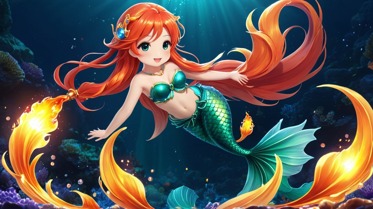Cheerful mermaid with orange hair in vibrant ocean scene