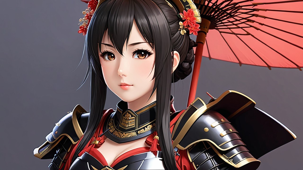 Character in Traditional Japanese Armor with Parasol