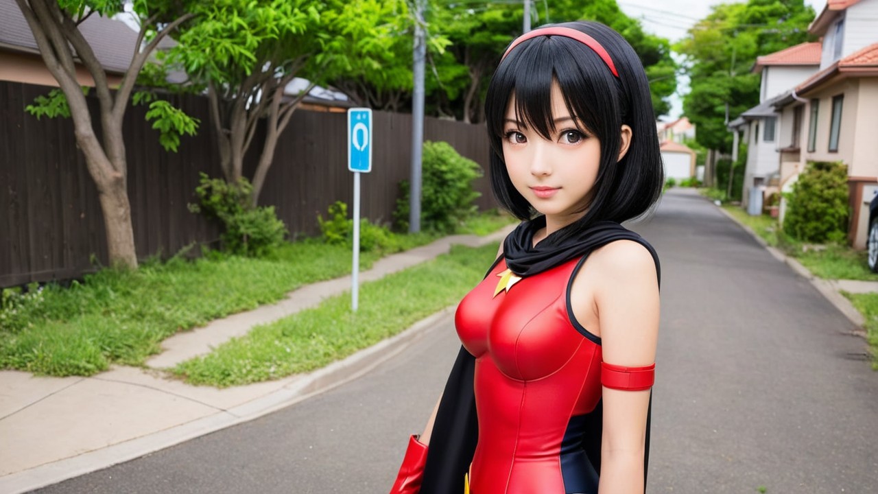 Girl in Red Superhero Costume on Suburban Street