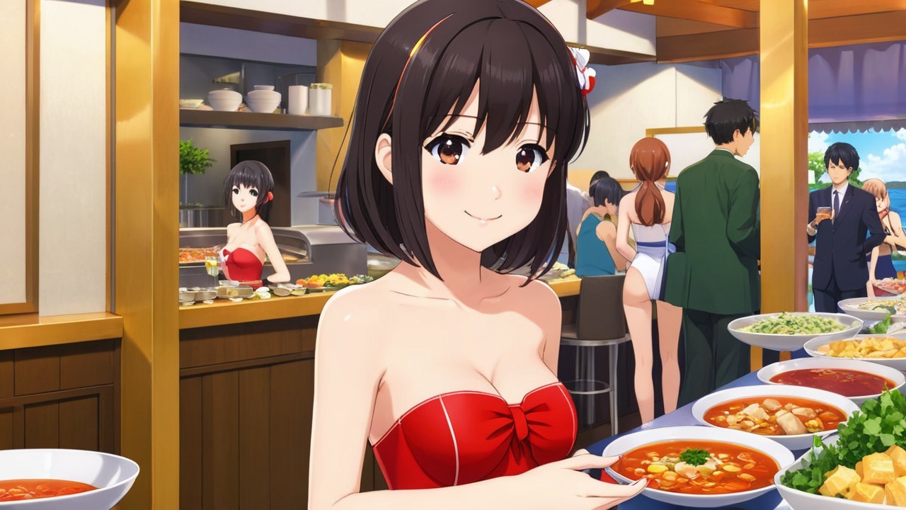 Cheerful Woman in Vibrant Dining Setting with Food