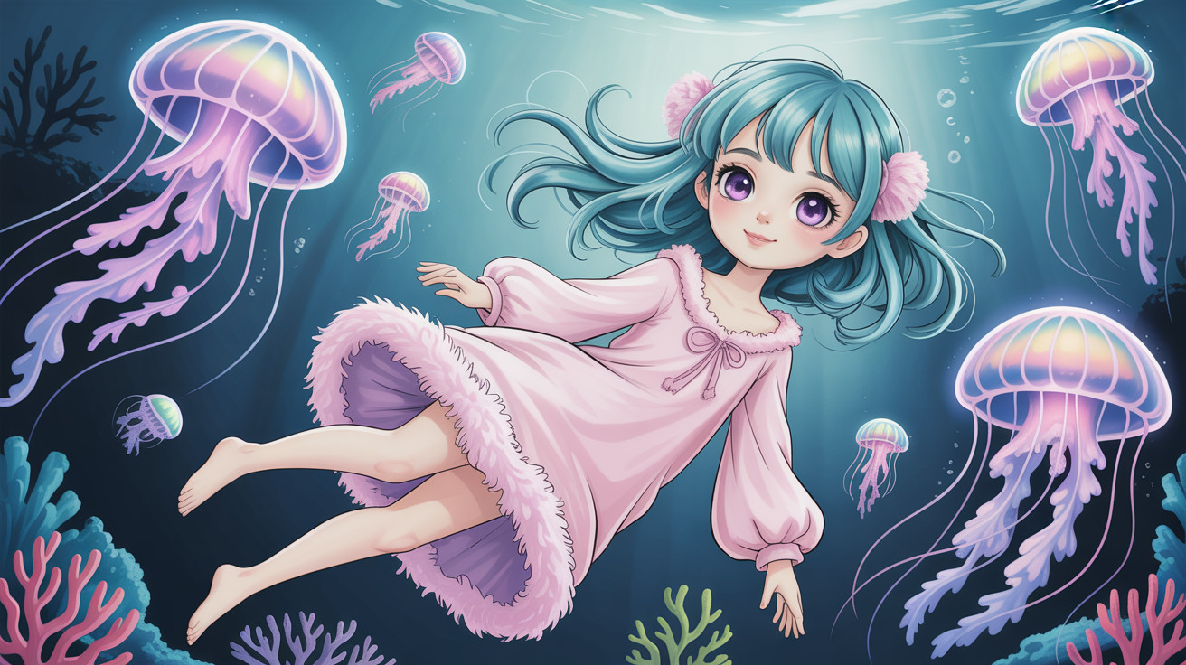 Anime-Style Illustration of Girl in Underwater Scene