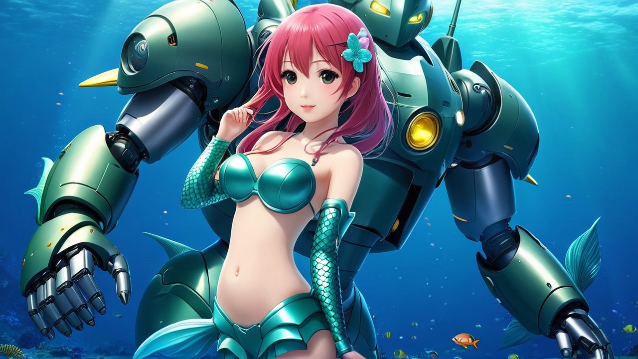 Vibrant Underwater Scene with Girl and Futuristic Robot