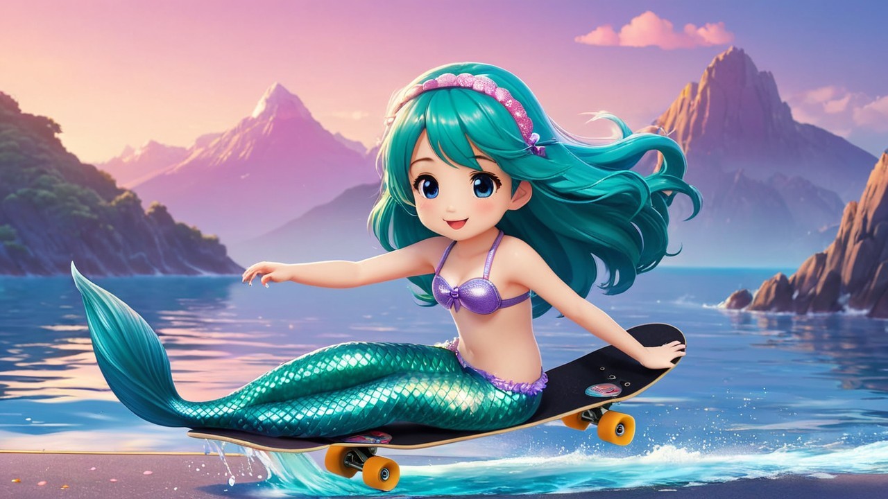 Mermaid Skateboarding Over Tranquil Waters at Sunset