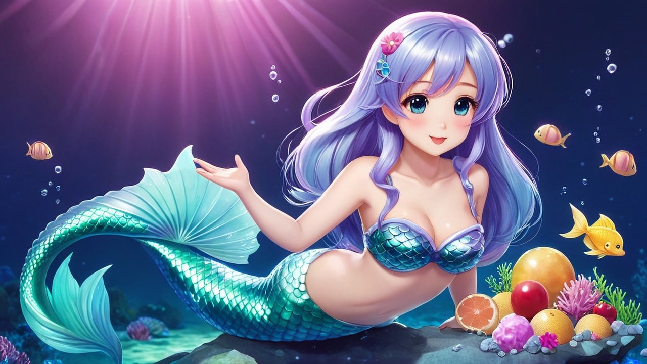 Mermaid with Lavender Hair in Vibrant Underwater Scene