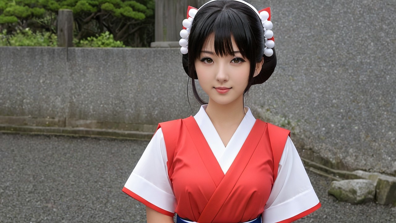 Young Woman in Vibrant Red and White Kimono