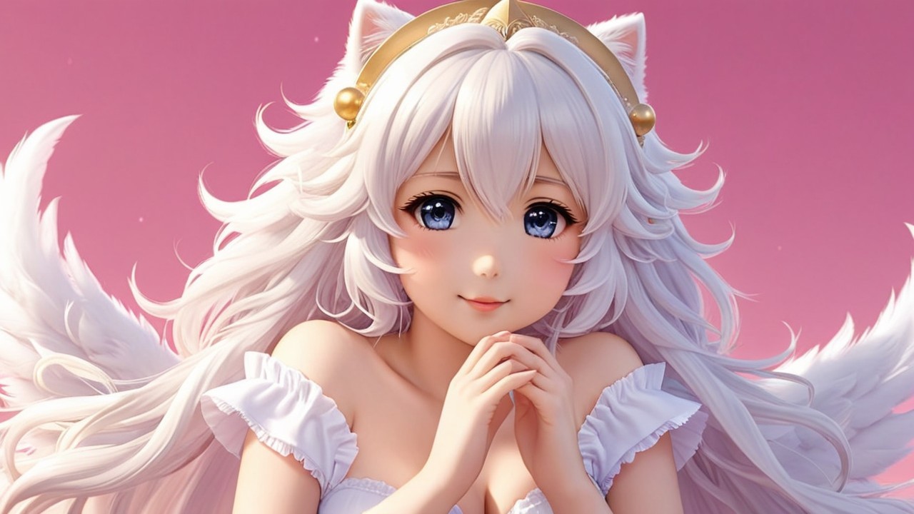 Whimsical character with white hair and feathery wings