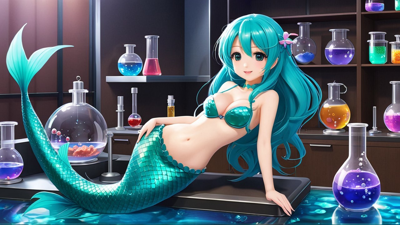 Vibrant Anime-Style Mermaid in a Science Lab Setting