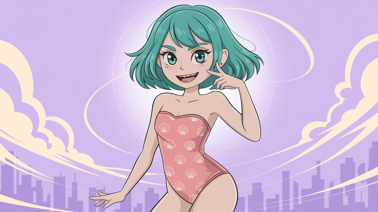 Anime-style illustration of a girl in a pink bathing suit