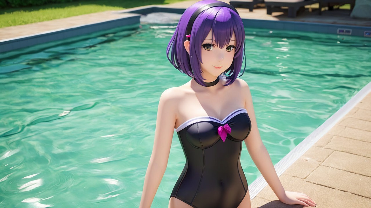 Digital Character by Pool in Black Swimsuit