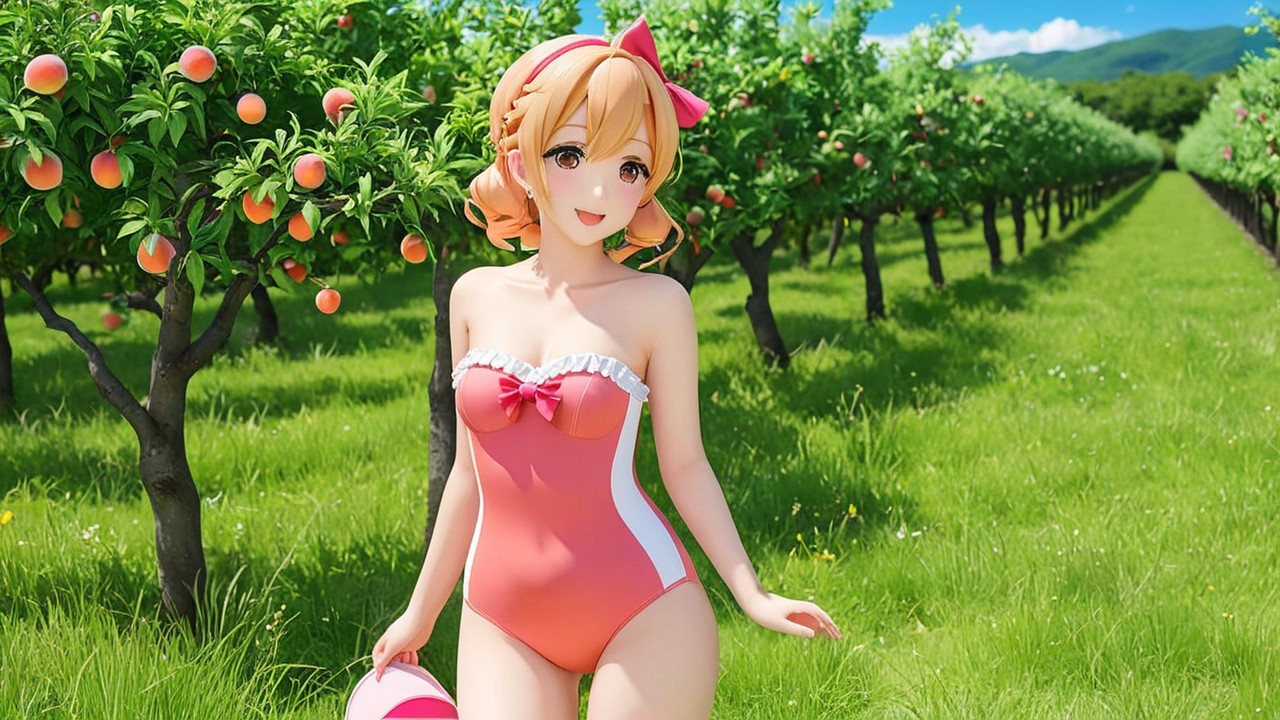 Cheerful Girl in Pink Swimsuit in Peach Orchard