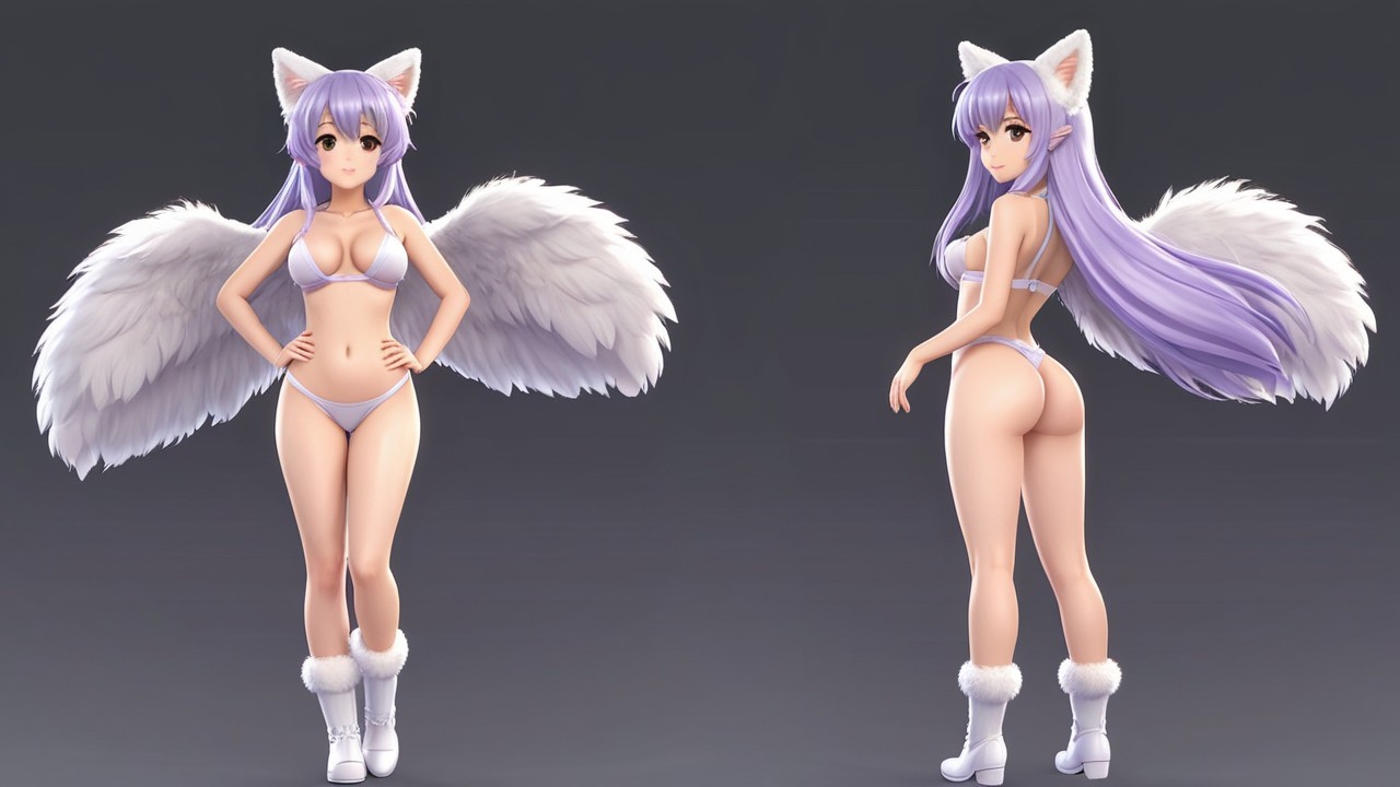 Stylized character with lavender hair and fluffy wings