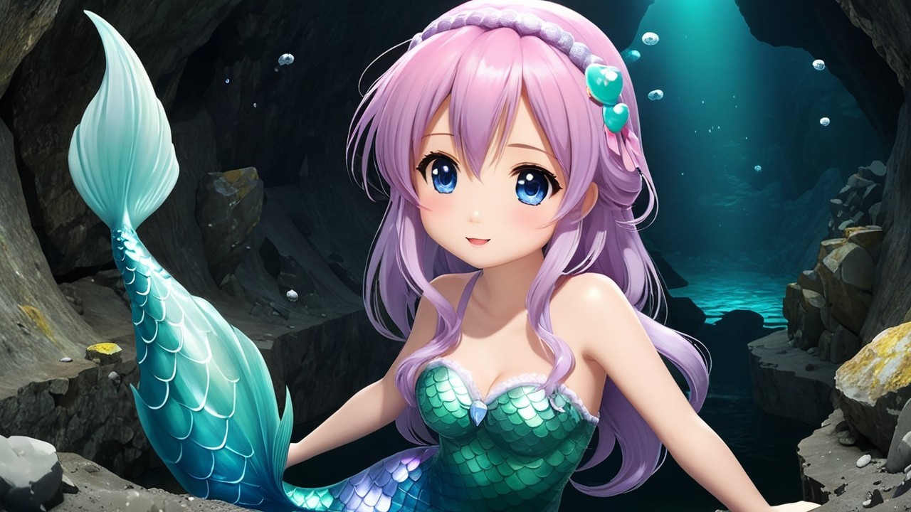 Anime-style mermaid in an underwater cave setting