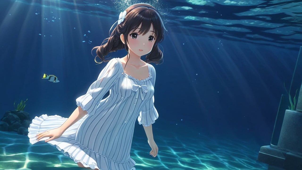 Underwater Scene with Girl in White Dress and Fish