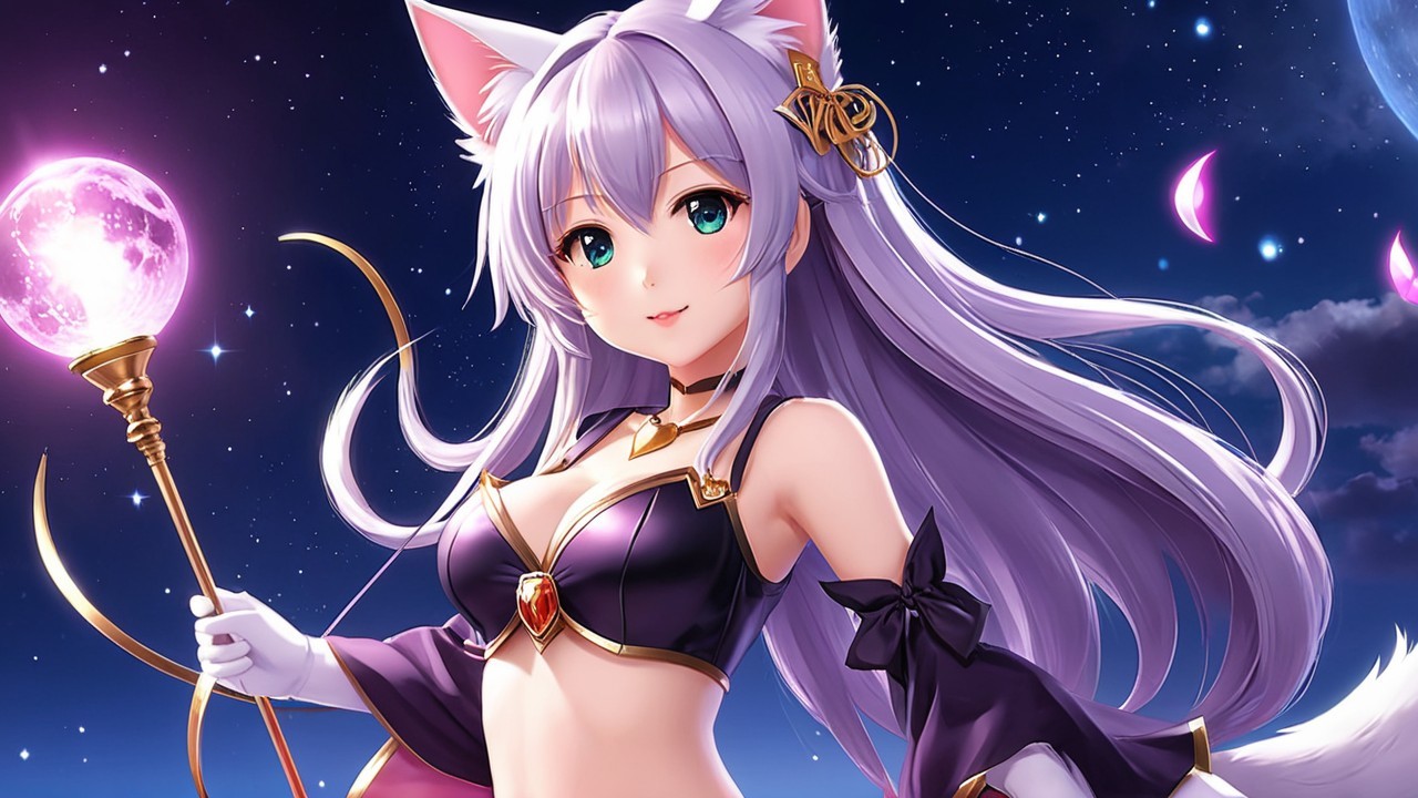 Mystical character with cat ears and lavender hair
