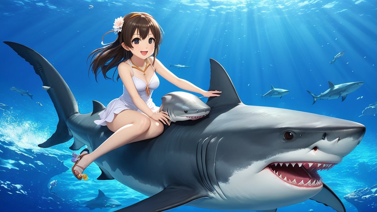 Girl in White Dress Riding Shark Underwater Scene