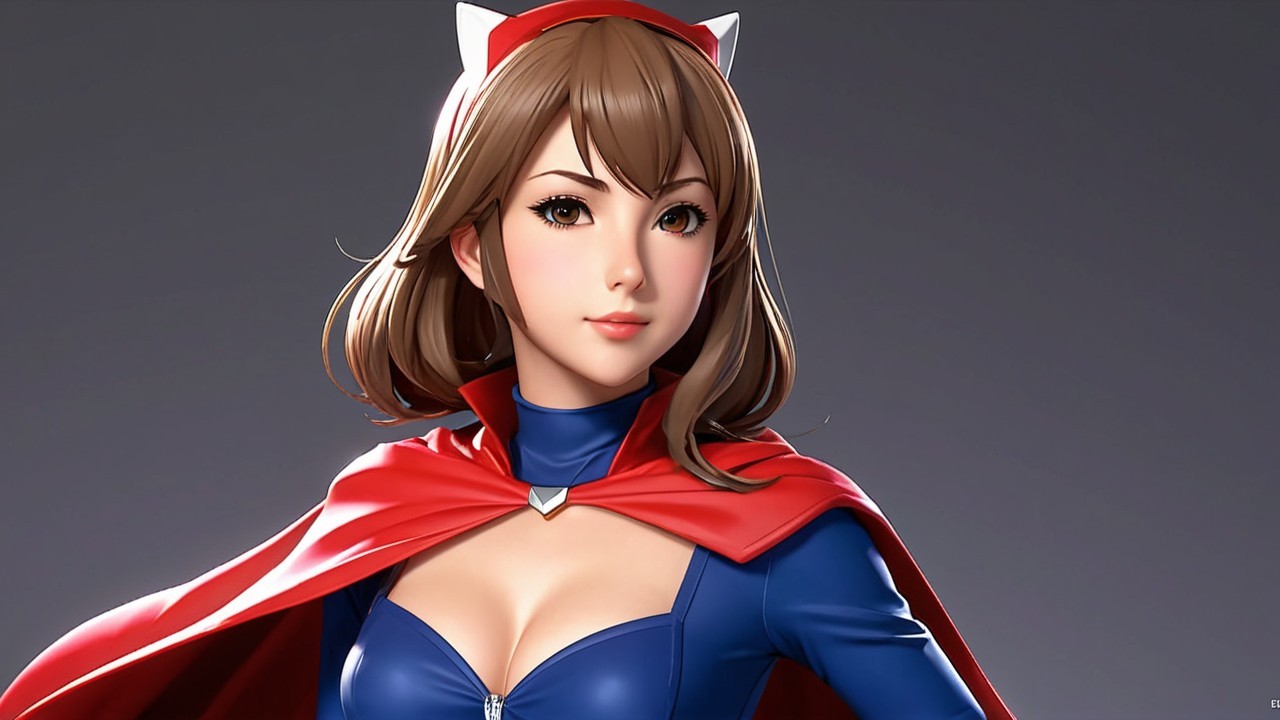 Stylized female character in blue outfit and red cape