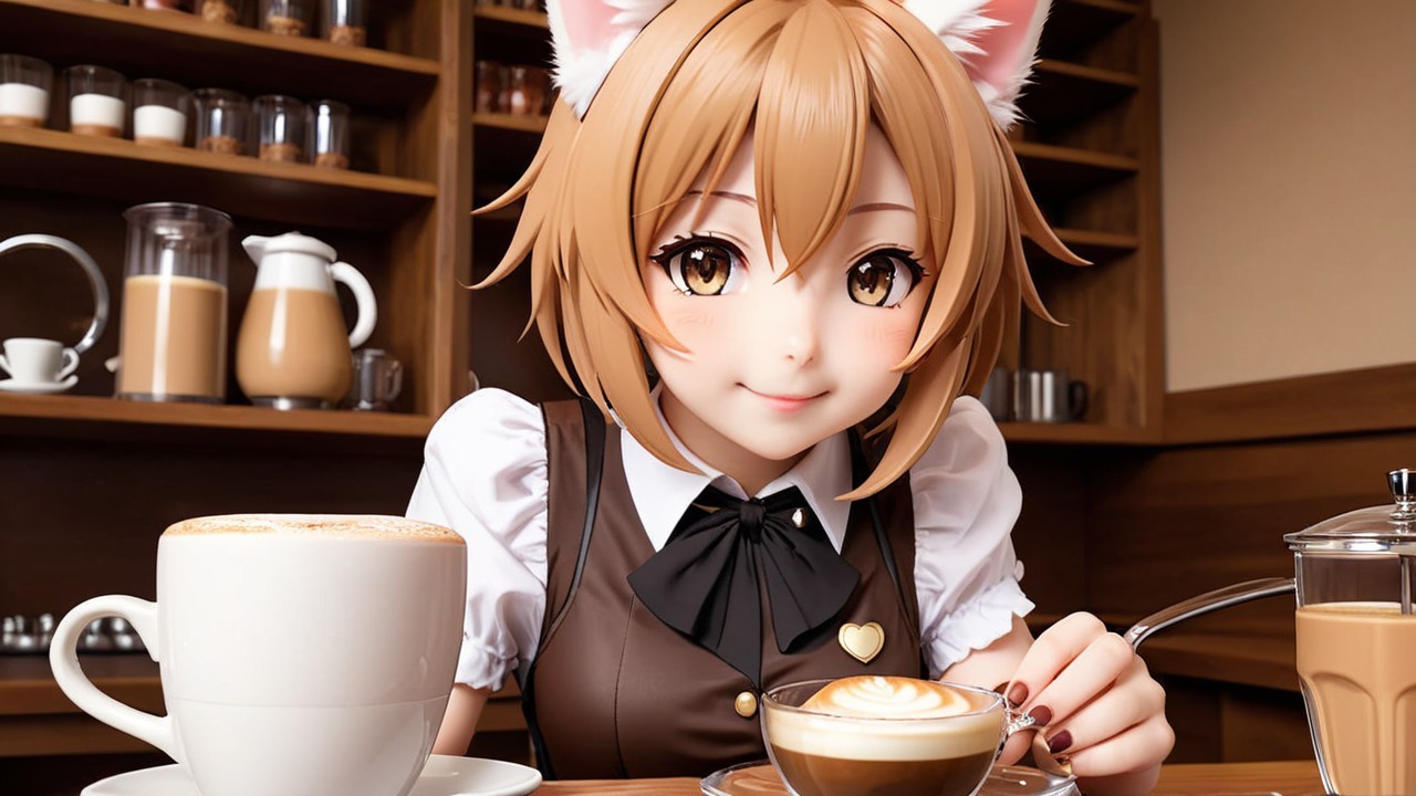 Anime Character at Café with Latte and Cozy Decor