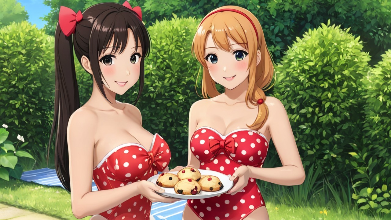 Animated Characters in Polka Dot Swimsuits with Treats