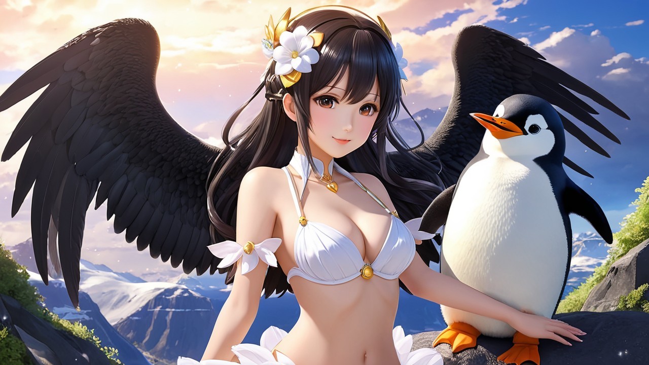 Fantasy Scene of a Woman with Black Wings and Penguin