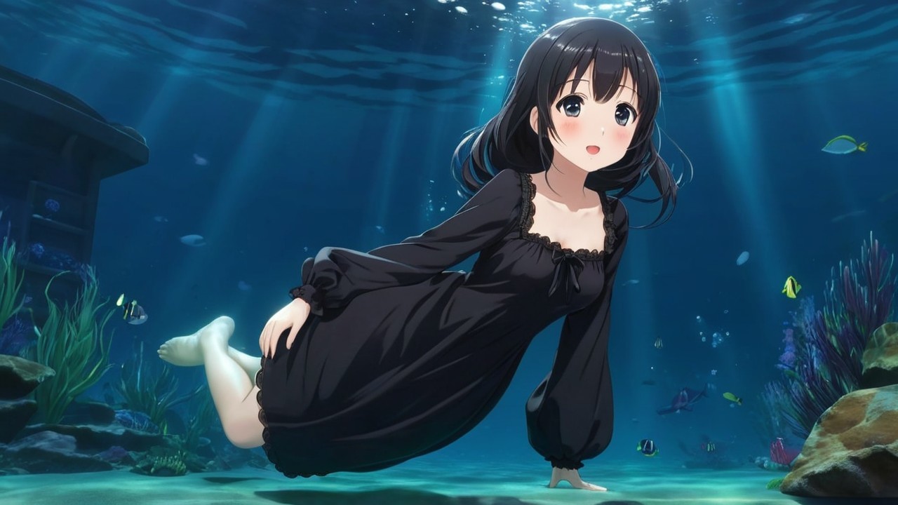 Young girl in black dress swimming underwater with fish