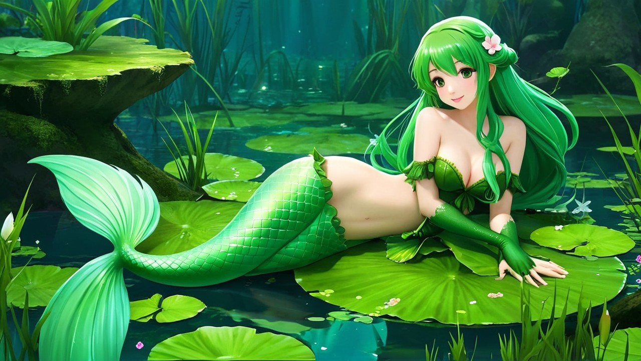 Vibrant Mermaid on Lily Pad in Serene Pond