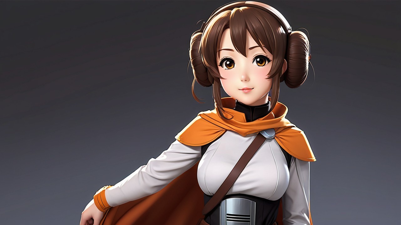 Stylized female character in vibrant outfit and buns