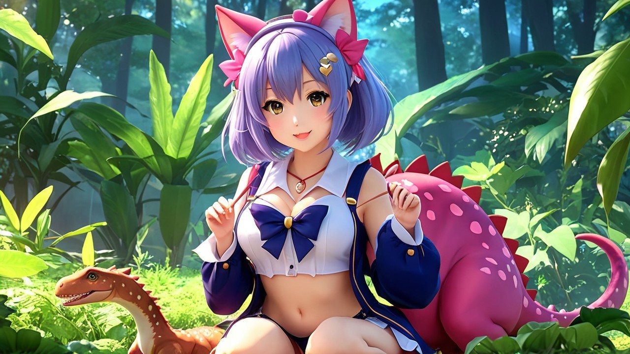 Cute anime character with lavender hair in forest