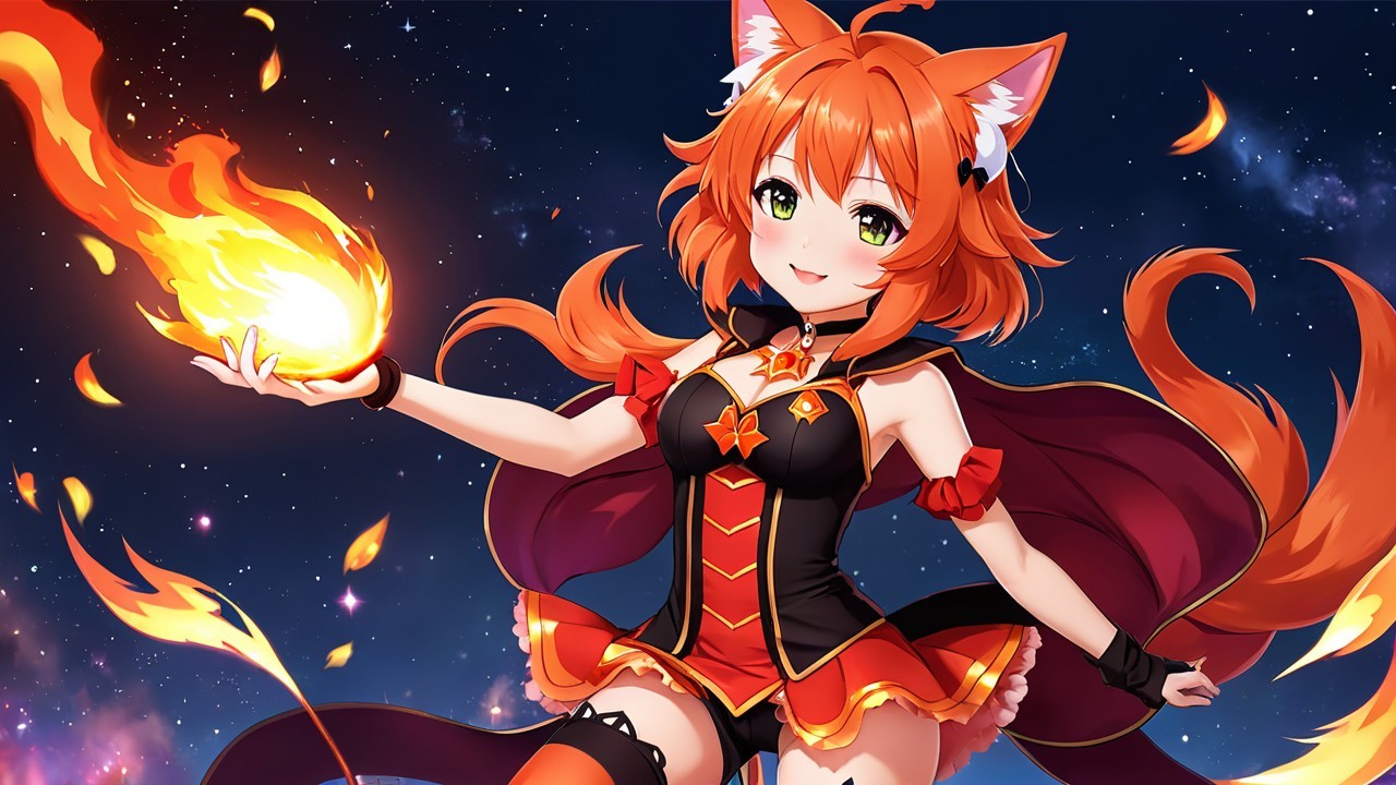 Vibrant Anime Character with Fox Ears and Fiery Orb