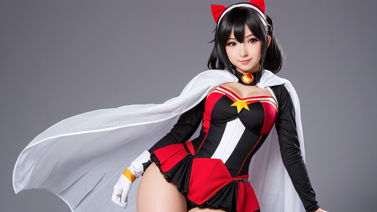 Character in Red and Black Costume with Cape and Cat Ears