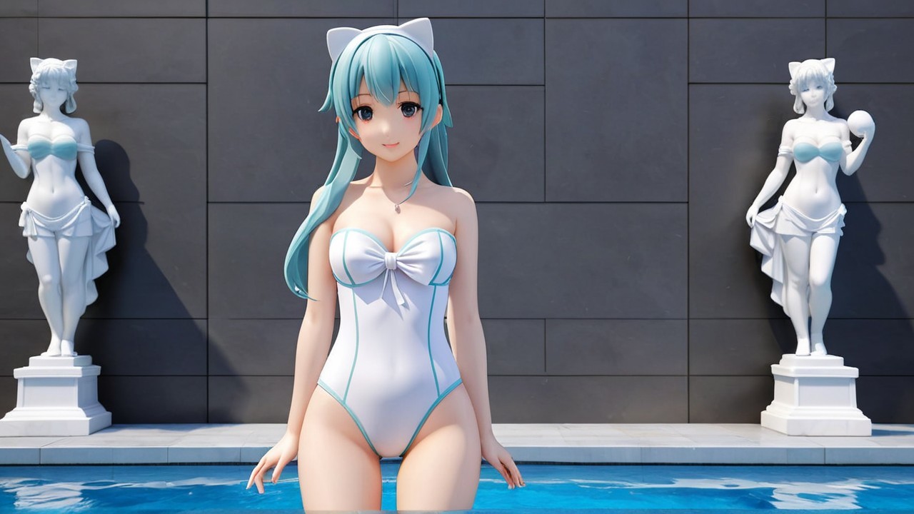 Stylized Character by Pool in White Swimsuit