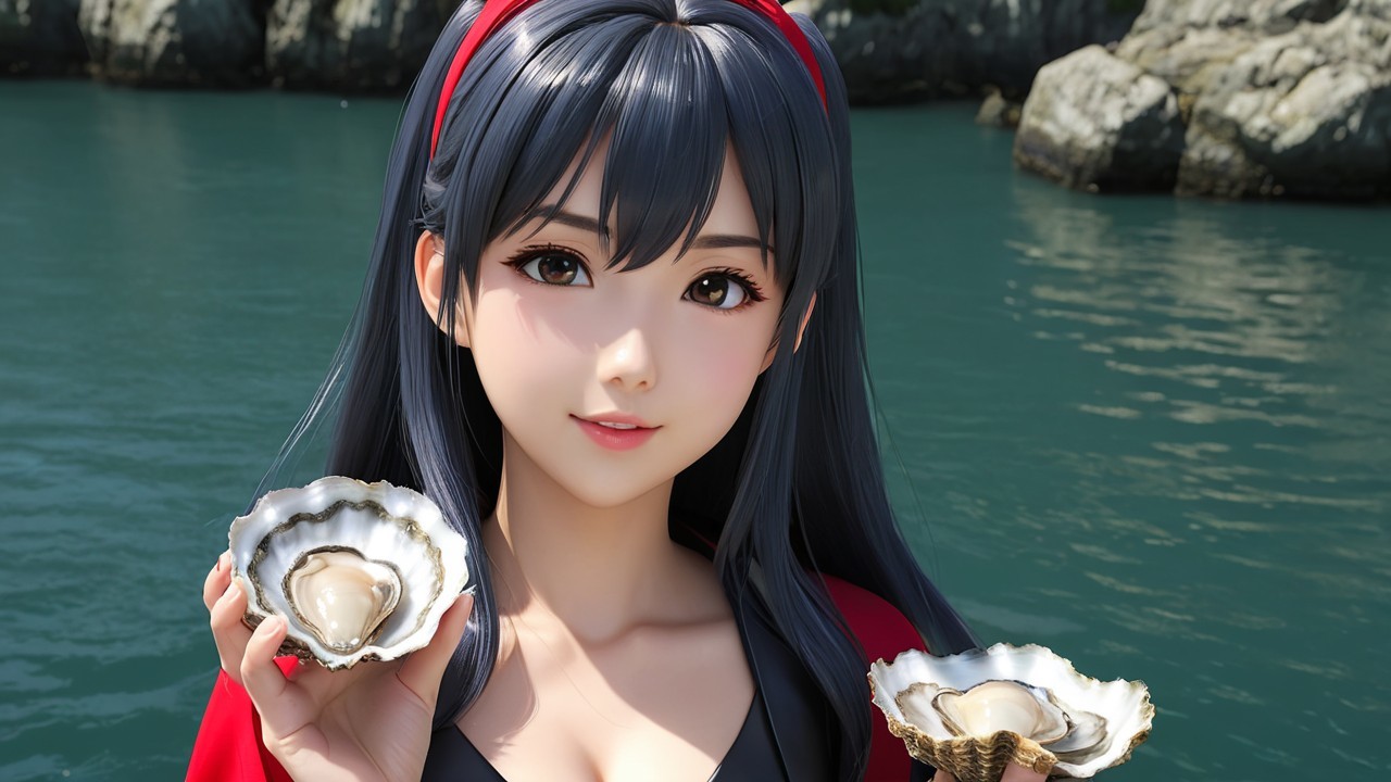 Young Woman with Oysters by Serene Water Scene