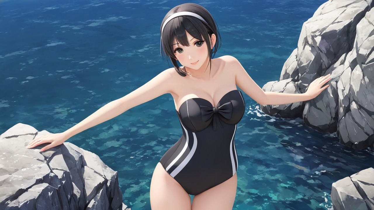 Young woman in black swimsuit poses by the ocean