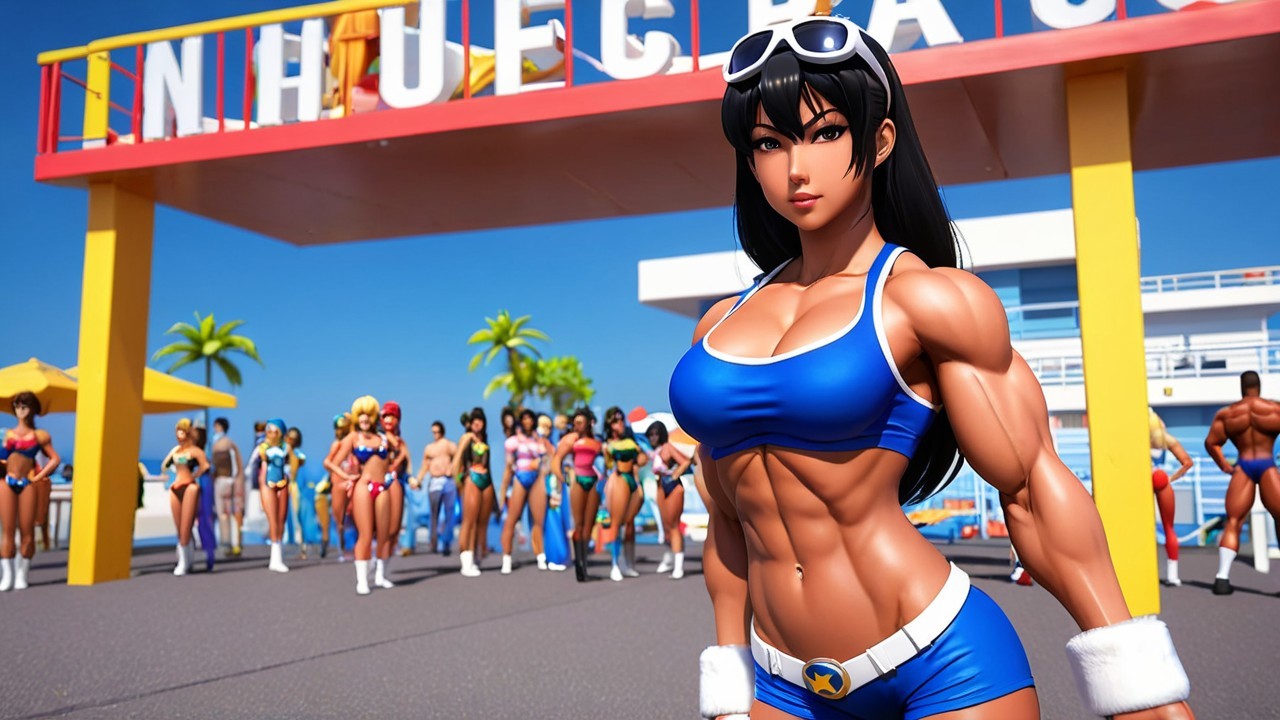 Vibrant beach scene with diverse characters and palm trees