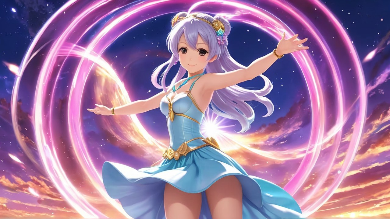 Magical girl in blue dress with swirling energy backdrop